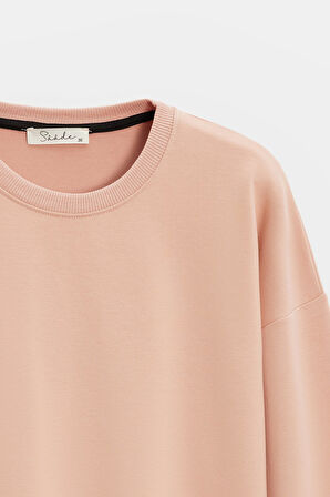 Koyu Pudra - L Kadın Oversize Bisiklet Yaka Basic Casual Sweatshirt