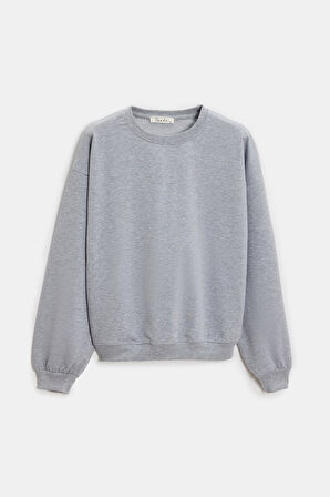 Gri - L Kadın Oversize Bisiklet Yaka Basic Casual Sweatshirt