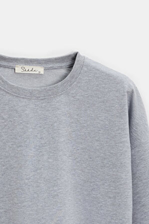 Gri - L Kadın Oversize Bisiklet Yaka Basic Casual Sweatshirt