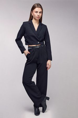 Siyah Kadın Regular Fit Kruvaze Kapama Dokuma Crop Blazer Ceket -Şık & Spor