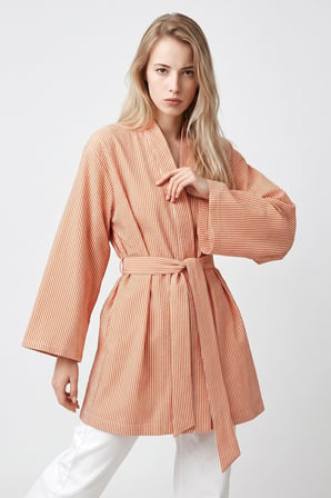 Turuncu Kadın Dikey Çizgili Geniş Kollu Şık Yazlık Relaxed Kimono
