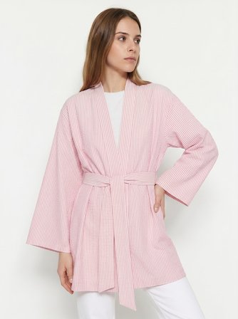 Pembe Kadın Dikey Çizgili Geniş Kollu Şık Yazlık Relaxed Kimono