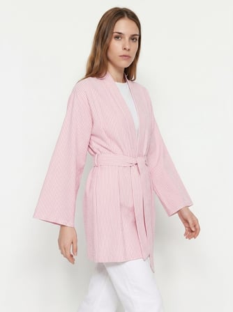 Pembe Kadın Dikey Çizgili Geniş Kollu Şık Yazlık Relaxed Kimono