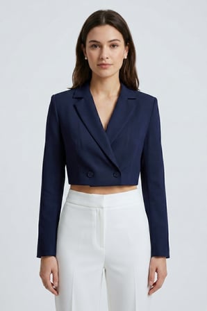 Koyu Lacivert Kadın Regular Fit Kruvaze Kapama Dokuma Crop Blazer Ceket -Şık & Spor