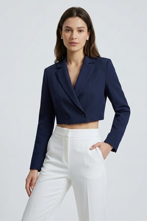 Koyu Lacivert Kadın Regular Fit Kruvaze Kapama Dokuma Crop Blazer Ceket -Şık & Spor