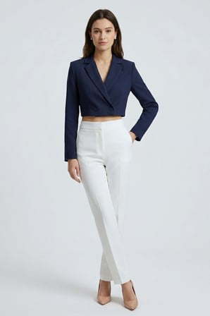 Koyu Lacivert Kadın Regular Fit Kruvaze Kapama Dokuma Crop Blazer Ceket -Şık & Spor