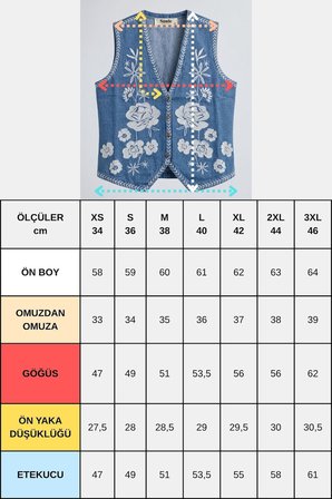 Mavi Kadın V Yaka Çiçek Nakışlı Düğmeli Denim Yelek