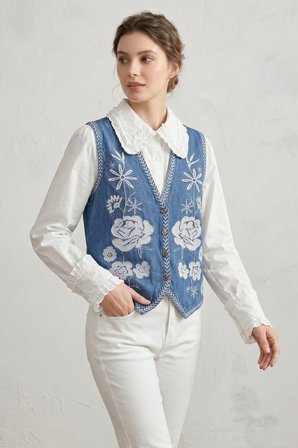 Mavi Kadın V Yaka Çiçek Nakışlı Düğmeli Denim Yelek
