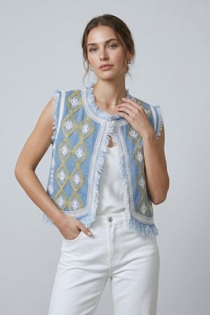 Mavi Kadın Bisiklet Yaka Zincir Nakışlı & Saçaklı Denim Crop Yelek