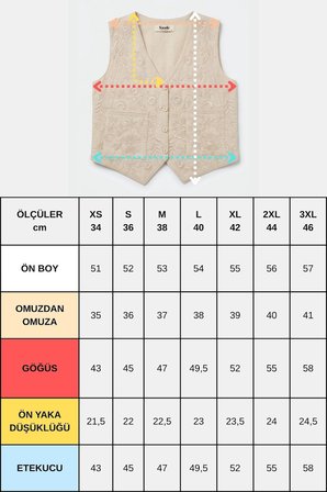 Bej Kadın V Yaka Çiçek Nakışlı Cep Detaylı Düğmeli Keten Yelek