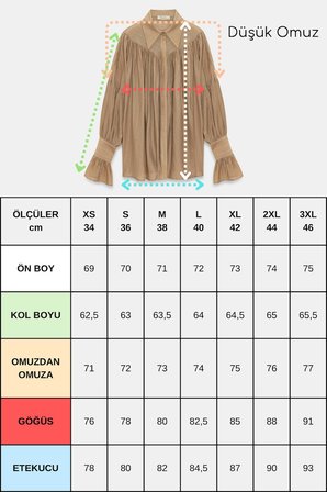 Koyu Vizon Kadın Oversize Büzgülü Düşük Omuz Dokulu Gömlek - Manşet Detaylı