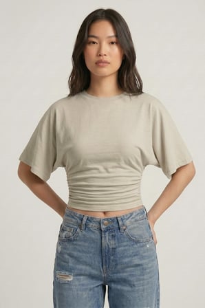 Taş Bisiklet Yaka Beli Büzgülü Yarasa Kollu Crop Bluz