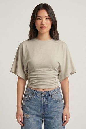 Taş Bisiklet Yaka Beli Büzgülü Yarasa Kollu Crop Bluz