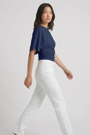 Lacivert Bisiklet Yaka Beli Büzgülü Yarasa Kollu Crop Bluz