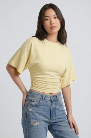 Sarı Bisiklet Yaka Beli Büzgülü Yarasa Kollu Crop Bluz