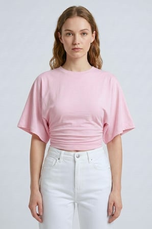 Pembe Bisiklet Yaka Beli Büzgülü Yarasa Kollu Crop Bluz