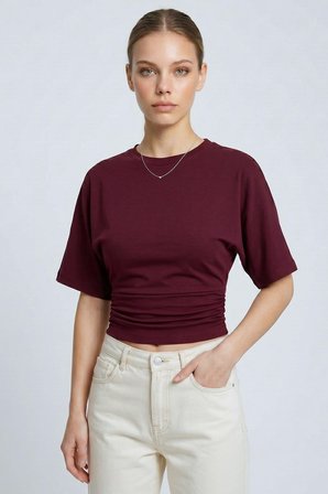 Bordo Bisiklet Yaka Beli Büzgülü Yarasa Kollu Crop Bluz