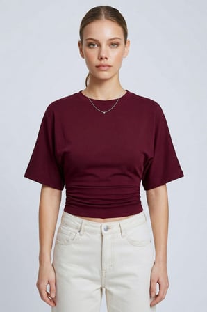 Bordo Bisiklet Yaka Beli Büzgülü Yarasa Kollu Crop Bluz
