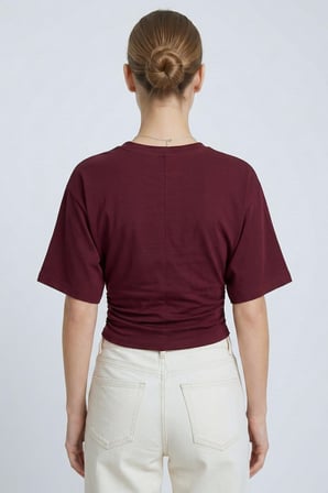 Bordo Bisiklet Yaka Beli Büzgülü Yarasa Kollu Crop Bluz