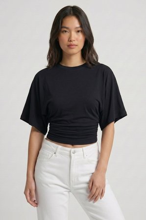 Siyah Bisiklet Yaka Beli Büzgülü Yarasa Kollu Crop Bluz