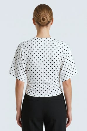 Beyaz Puantiyeli Bisiklet Yaka Beli Büzgülü Yarasa Kollu Crop Bluz