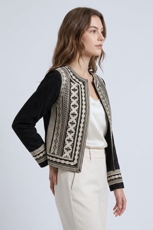 Siyah Kadın Oversize Bisiklet Yaka Önü Açık Nakışlı İnce Gabardin Ceket