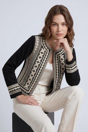 Siyah Kadın Oversize Bisiklet Yaka Önü Açık Nakışlı İnce Gabardin Ceket