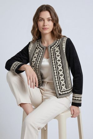 Siyah Kadın Oversize Bisiklet Yaka Önü Açık Nakışlı İnce Gabardin Ceket