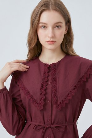 Bordo Oversize Kalıp Dantelli Riviera Geniş Yaka Bağlamalı Gömlek