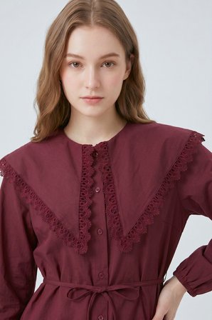 Bordo Oversize Kalıp Dantelli Riviera Geniş Yaka Bağlamalı Gömlek