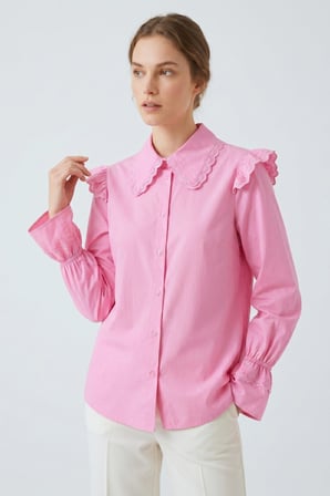 Pembe Oversize Kalıp Viktorya Esintili Fırfırlı Dantelli Gömlek