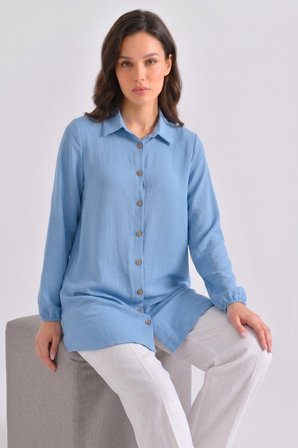 Soft Mavi Kadın Gömlek Yaka Ahşap Düğmeli Kolağzı Lastikli Aerobin Dokuma Tunik - Regular Fit