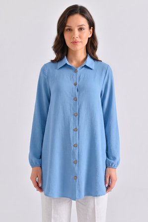 Soft Mavi Kadın Gömlek Yaka Ahşap Düğmeli Kolağzı Lastikli Aerobin Dokuma Tunik - Regular Fit