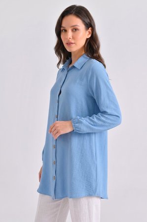 Soft Mavi Kadın Gömlek Yaka Ahşap Düğmeli Kolağzı Lastikli Aerobin Dokuma Tunik - Regular Fit