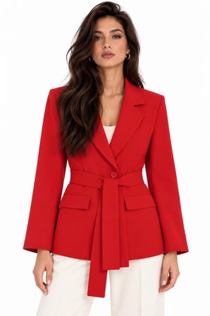 Kırmızı Kadın Tek Düğmeli Dokuma Kruvaze Blazer Ceket - Kuşaklı