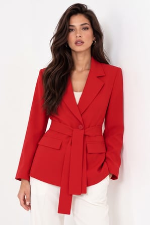 Kırmızı Kadın Tek Düğmeli Dokuma Kruvaze Blazer Ceket - Kuşaklı