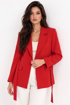 Kırmızı Kadın Tek Düğmeli Dokuma Kruvaze Blazer Ceket - Kuşaklı