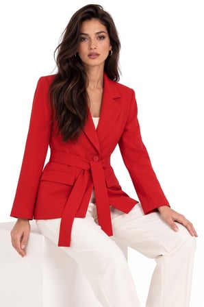 Kırmızı Kadın Tek Düğmeli Dokuma Kruvaze Blazer Ceket - Kuşaklı
