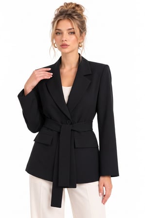 Siyah Kadın Tek Düğmeli Dokuma Kruvaze Blazer Ceket - Kuşaklı