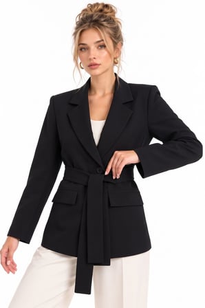 Siyah Kadın Tek Düğmeli Dokuma Kruvaze Blazer Ceket - Kuşaklı