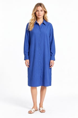 Saks Mavi Oversize Kalıp Dokulu Kumaş Boydan Düğmeli Casual Tunik