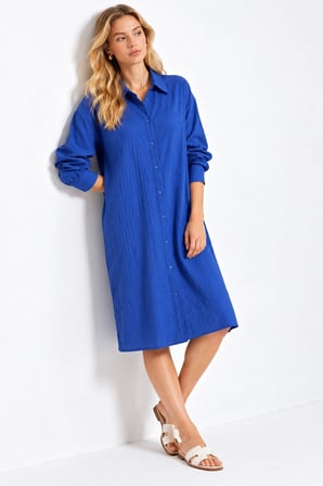 Saks Mavi Oversize Kalıp Dokulu Kumaş Boydan Düğmeli Casual Tunik