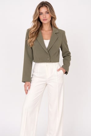 Haki Kadın Regular Fit Kruvaze Kapama Dokuma Crop Blazer Ceket -Şık & Spor