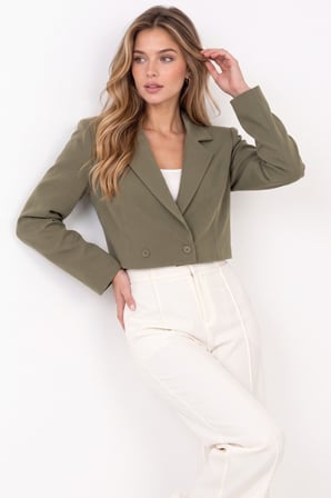 Haki Kadın Regular Fit Kruvaze Kapama Dokuma Crop Blazer Ceket -Şık & Spor