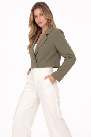 Haki Kadın Regular Fit Kruvaze Kapama Dokuma Crop Blazer Ceket -Şık & Spor