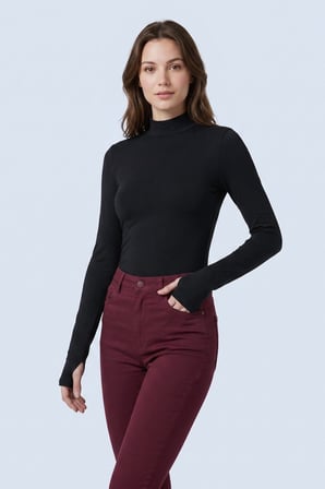 Siyah Yarım Balıkçı Yaka Parmak Geçmeli Uzun Kollu Body/Bluz