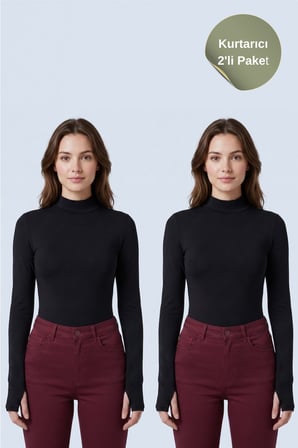 2-Siyah Yarım Balıkçı Yaka Parmak Geçmeli Uzun Kollu Body/Bluz - 2'li Paket