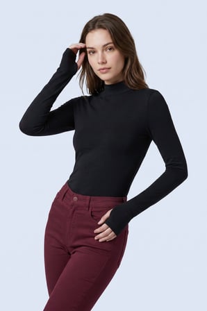 2-Siyah Yarım Balıkçı Yaka Parmak Geçmeli Uzun Kollu Body/Bluz - 2'li Paket