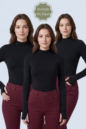 3-Siyah Yarım Balıkçı Yaka Parmak Geçmeli Uzun Kollu Body/Bluz - 3'lü Paket