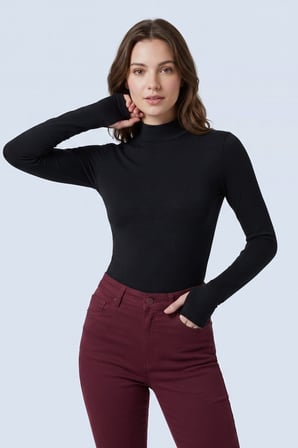 3-Siyah Yarım Balıkçı Yaka Parmak Geçmeli Uzun Kollu Body/Bluz - 3'lü Paket